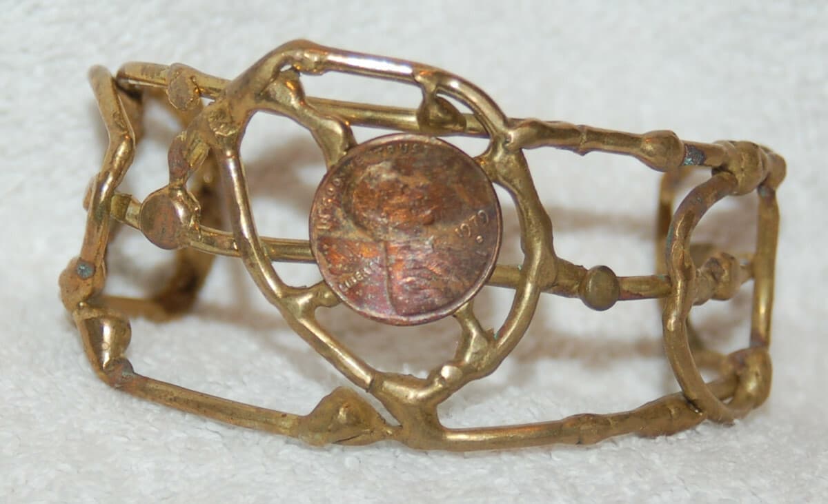 Vintage Brass Brutalist Modernist copper coin ART Cuff Bracelet mixed metals