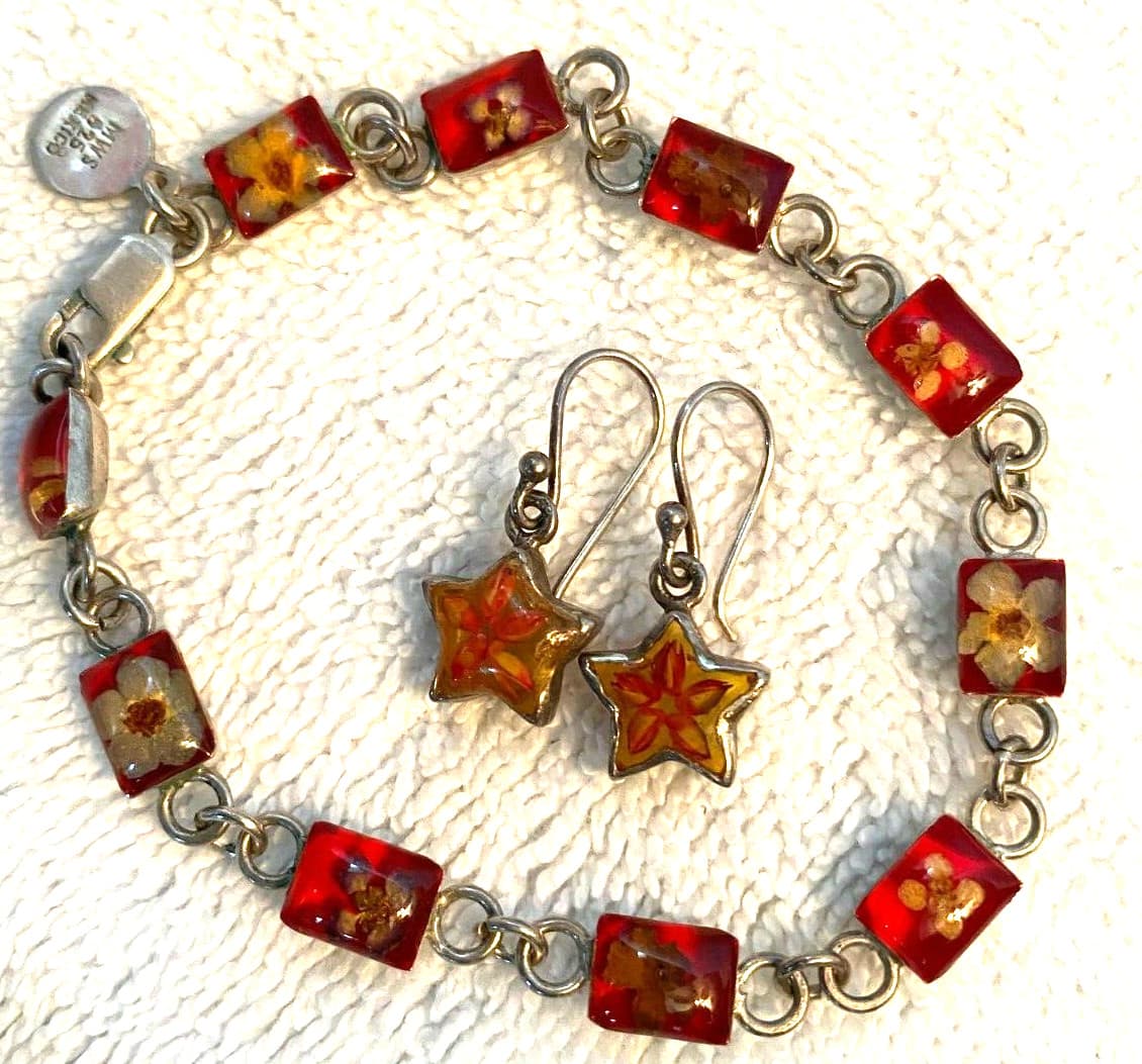 Vintage Sterling Silver Flower Resin Chain Link .925 Bracelet & earrings set