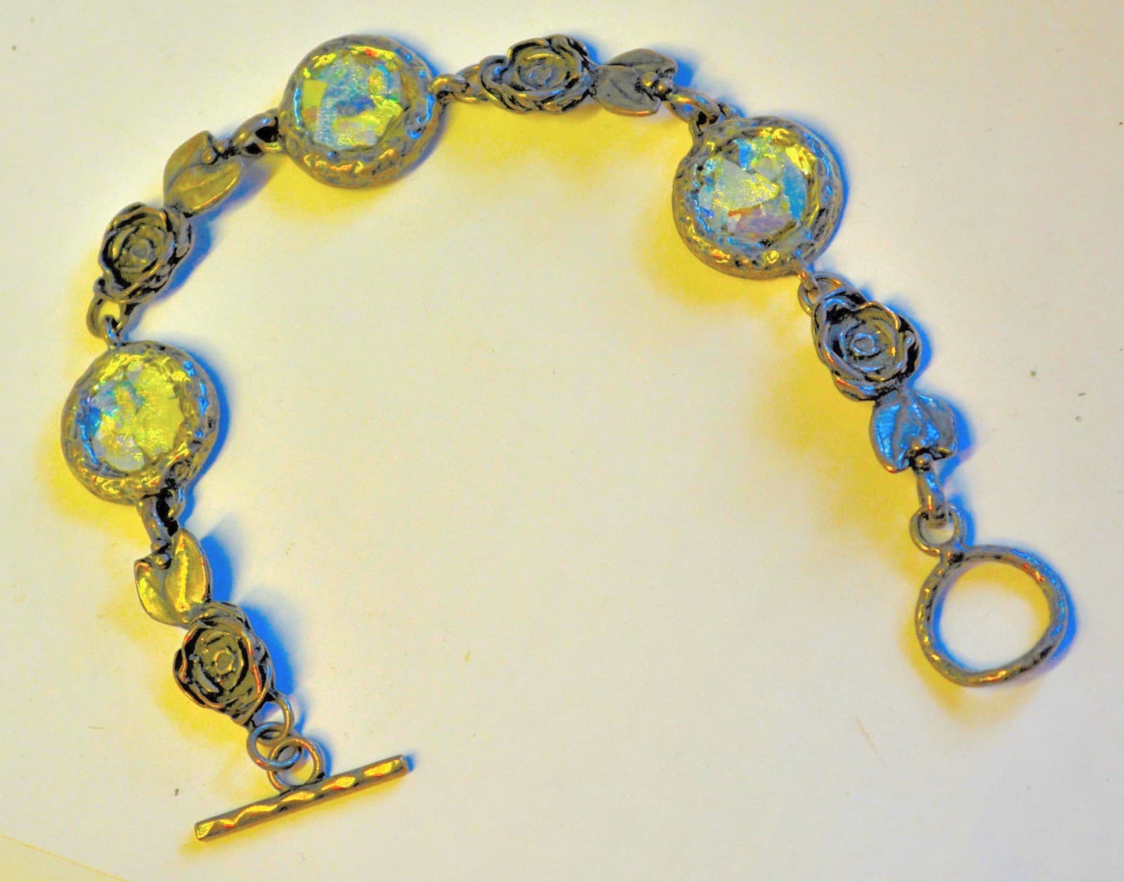 Bruria Tamir Roman Glass Artisan 7.5" Sterling Silver Link Bracelet Signed