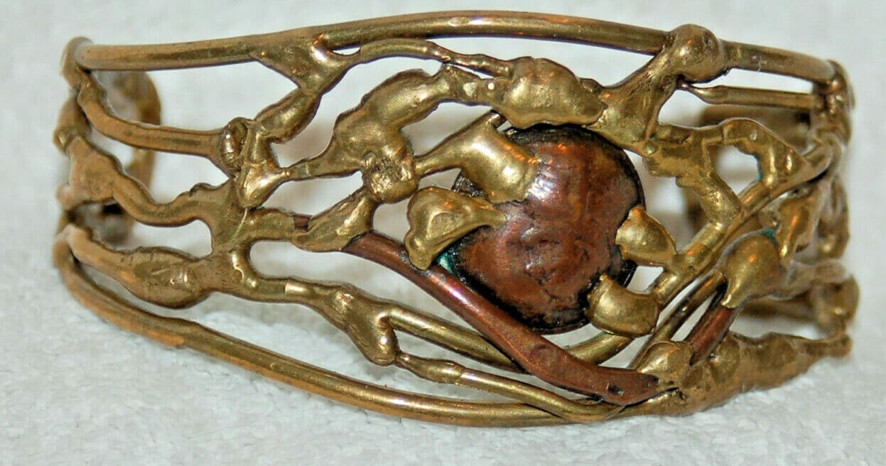 Vintage Brass Brutalist Modernist copper coin Cuff Bracelet mixed metals
