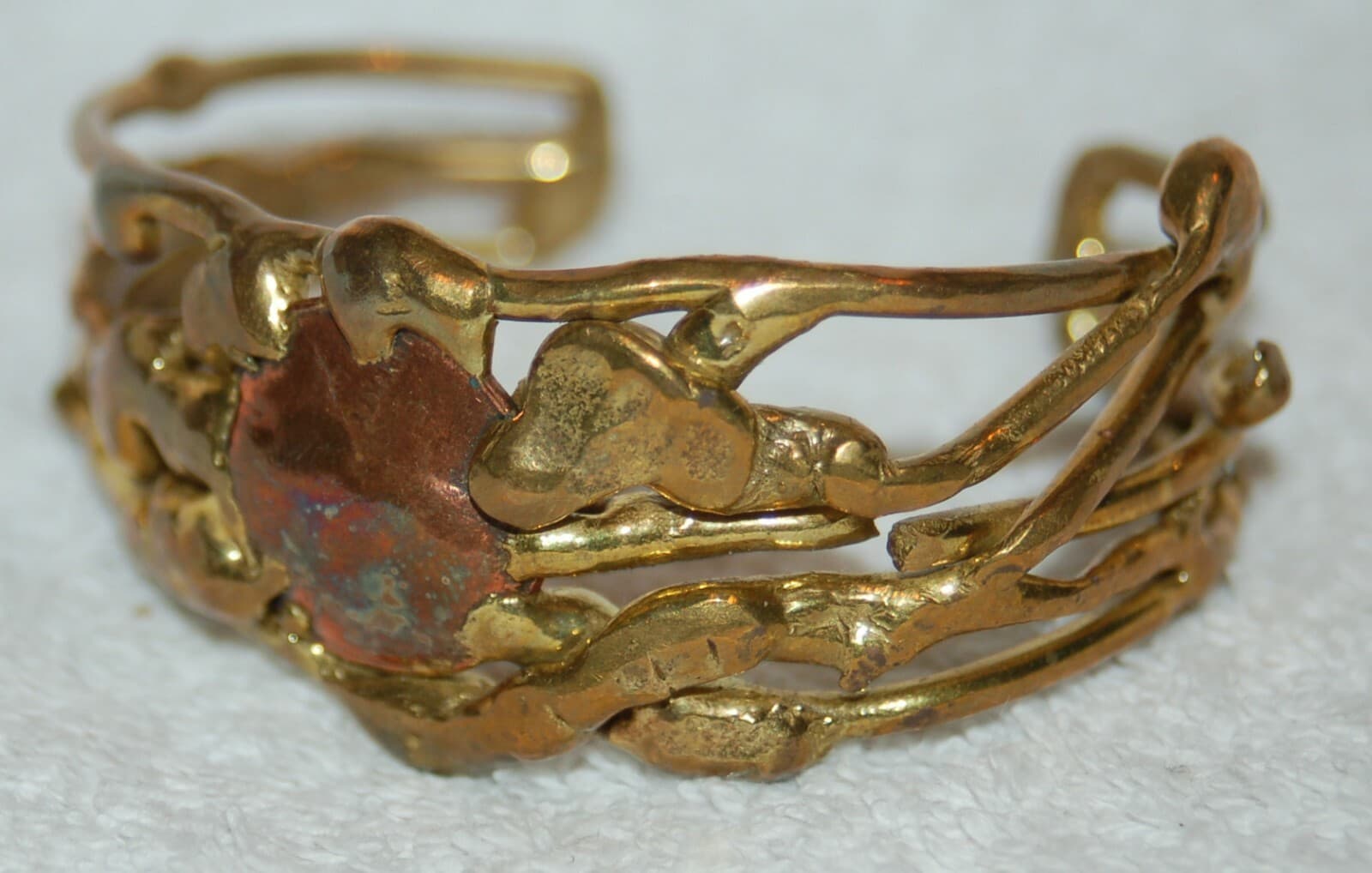 Vintage Brass Brutalist Modernist copper Cuff Bracelet mixed metals ART MODERNE