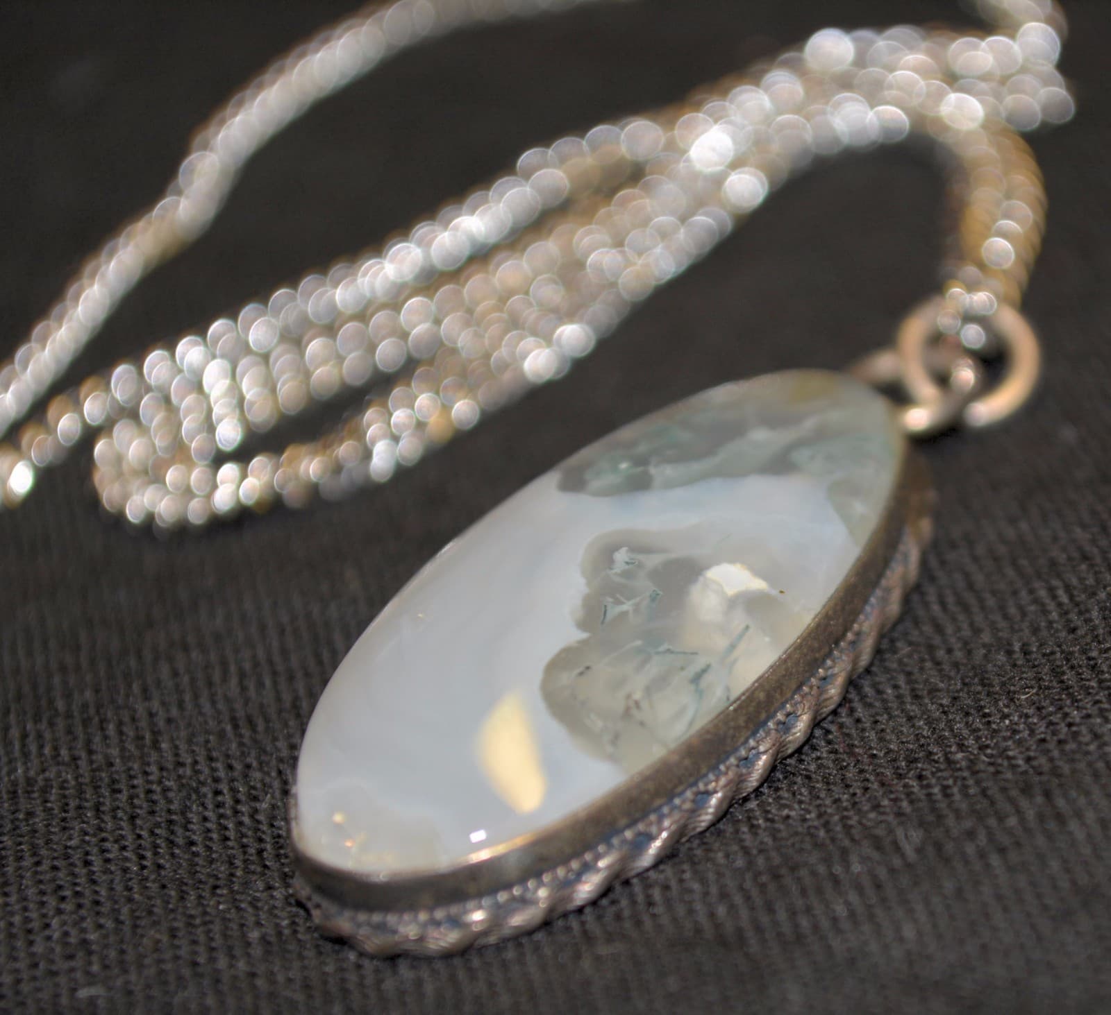 Large Vintage Sterling Silver Moss Agate Pendant necklace