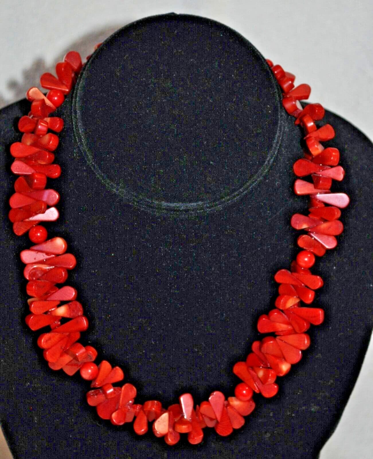 Sterling Silver Red Coral tear drop Beaded Necklace 18"