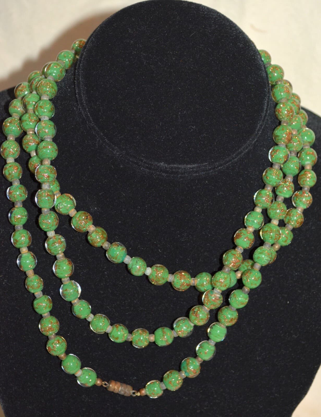Vintage Green Lampwork Art Glass Bead Necklace green gold flecks 48"