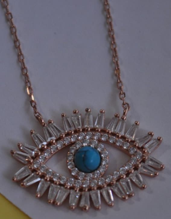 925 Sterling Silver Large Luxury Baguette Evil Eye Necklace turquoise center