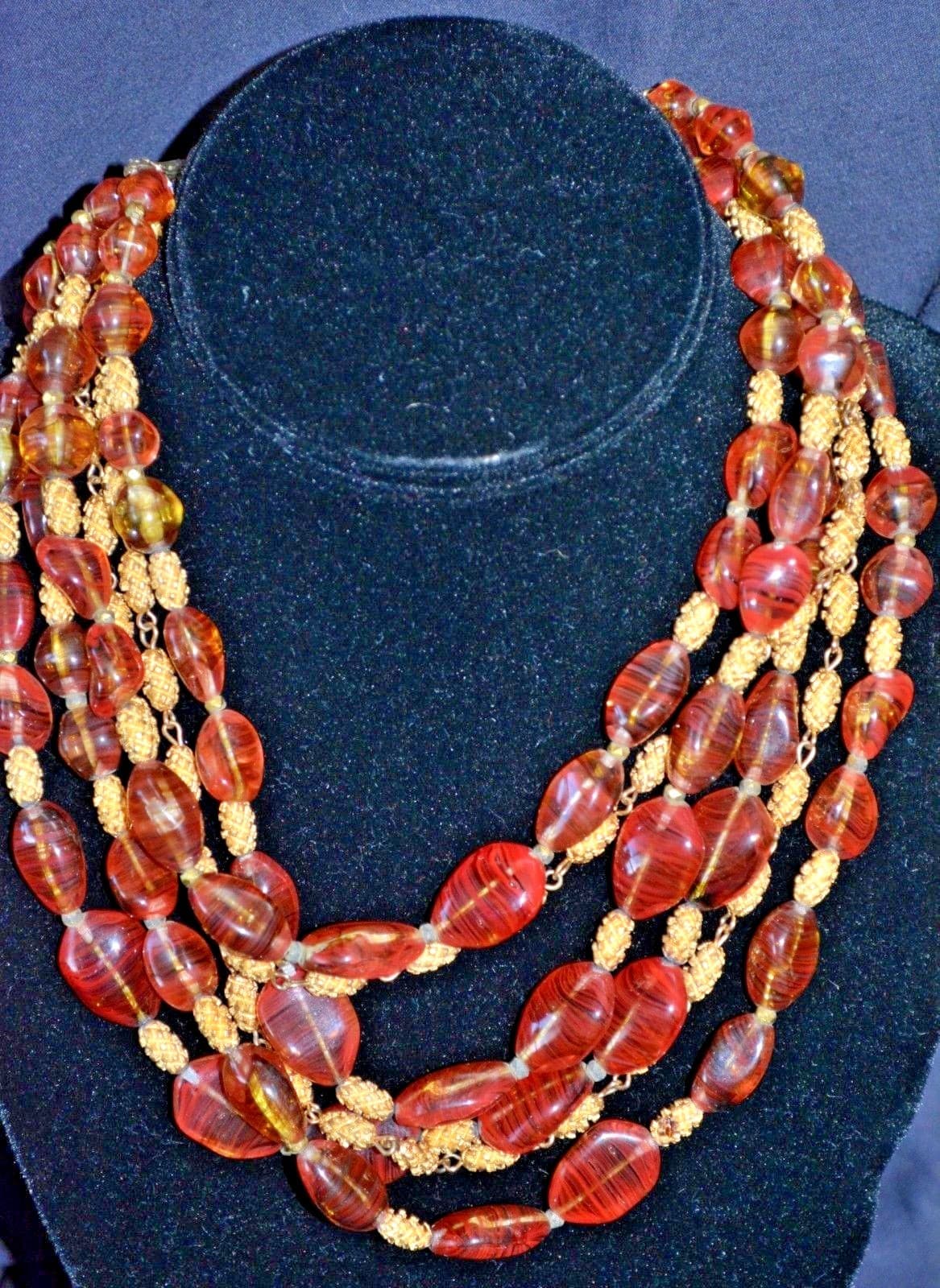 vintage glass agate amber multi strand necklace SHOW STOPPING FUN beaded beauty
