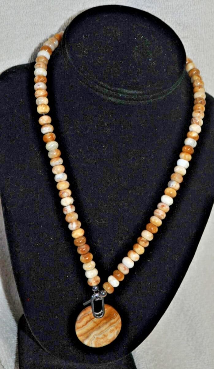 Jay King DRT Peach Apricot Lace Agate Beaded Necklace & Pendant Sterling silver