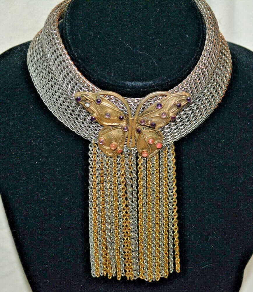 ESTATE Sandor Co.Butterfly metal Tassel necklace bib dangling Choker EXCITING