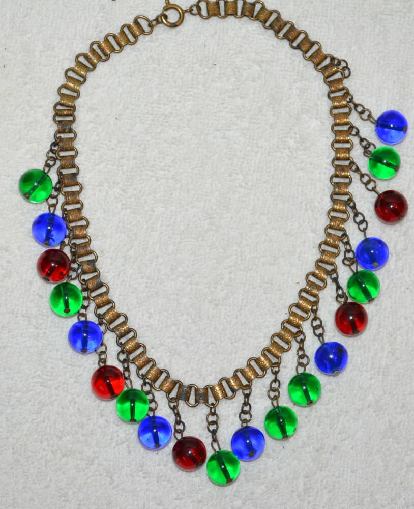 vintage Striking Czech Book Chain RED BLUE GREEN Glass Dangle Festoon Necklace