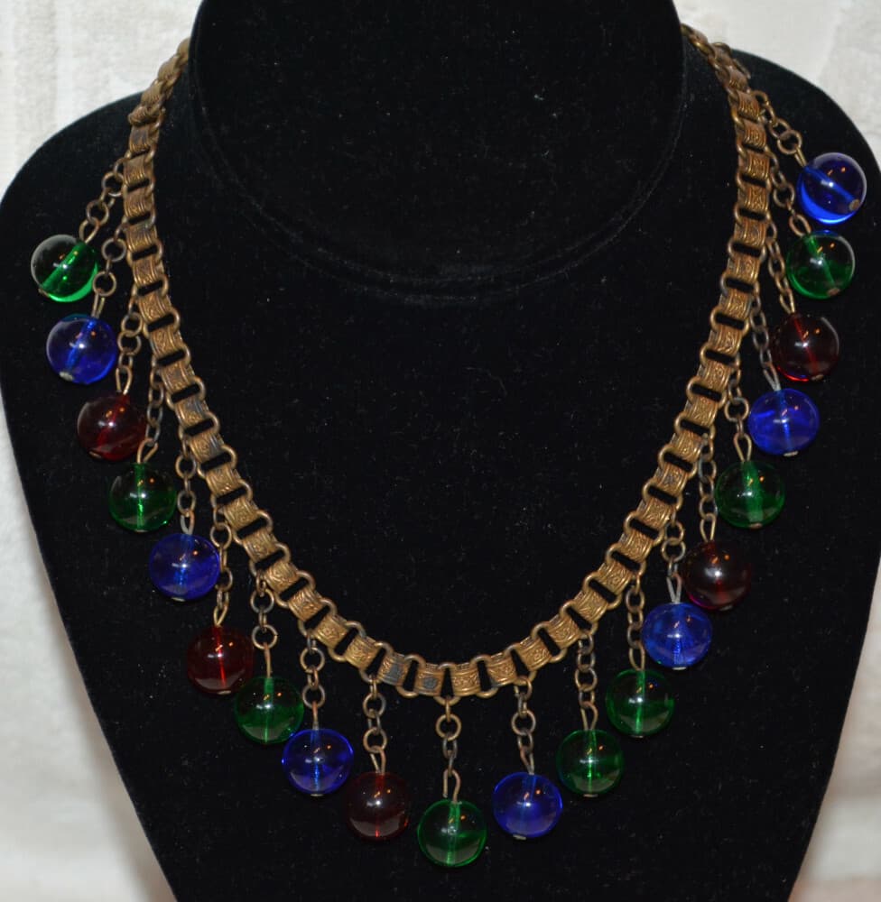 vintage Striking Czech Book Chain RED BLUE GREEN Glass Dangle Festoon Necklace