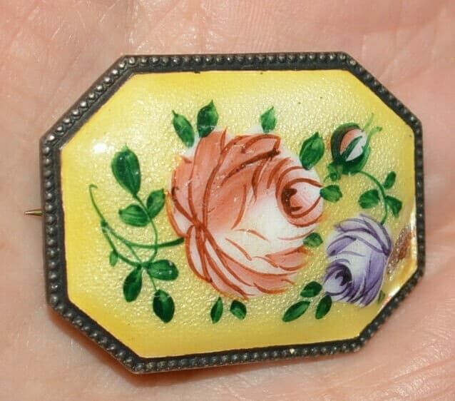 Antique Art Deco Czechoslovakia czech Enamel Floral C Clasp Brooch Pin