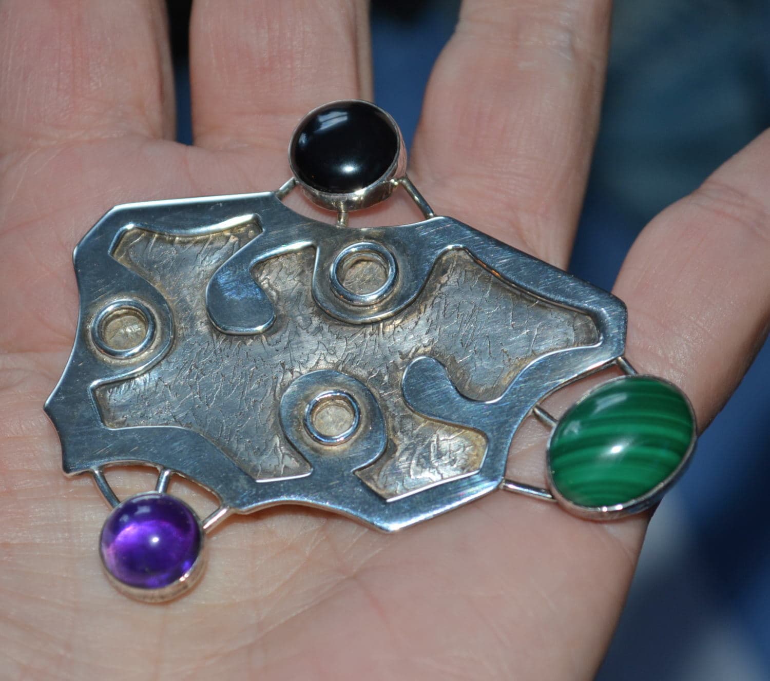 signed patricia moderne Onyx Lapis Malachite Sterling Silver pin brooch 25 grams