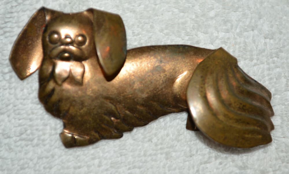 Vintage BRASS MCM Maltese Pekingese Dog Pin Brooch dimensional