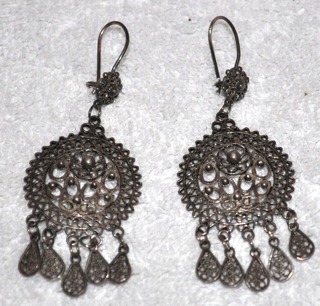 GORGEOUS! VINTAGE STERLING SILVER HANDMADE large FILIGREE EARRINGS