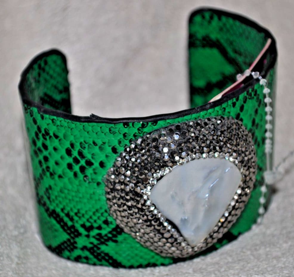 Tizani Adjustable Cuff "Green" sassy jones NEW NWT leather crystals