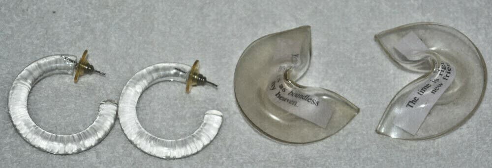 Vintage Fortune Cookie LUCITE EARRINGS FORTUNE INSIDE & acrylic HOOP earrings
