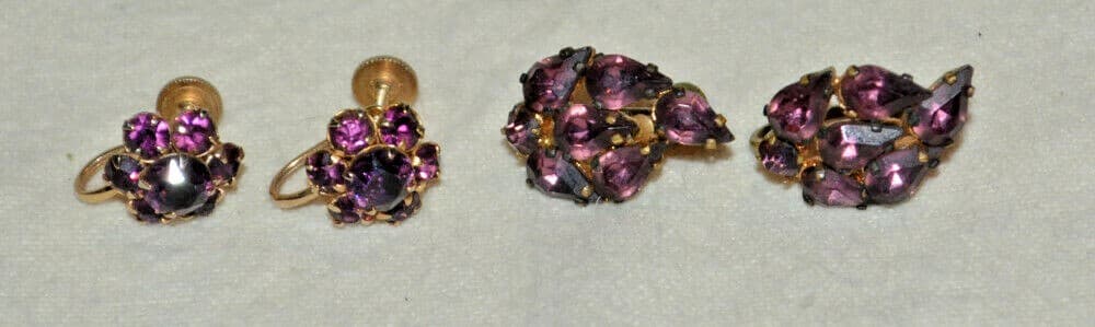 Vintage lot of purple crystal earrings old screw back czech brilliant