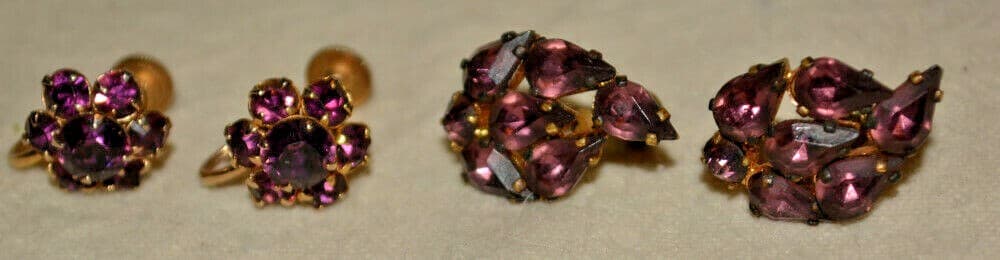 Vintage lot of purple crystal earrings old screw back czech brilliant