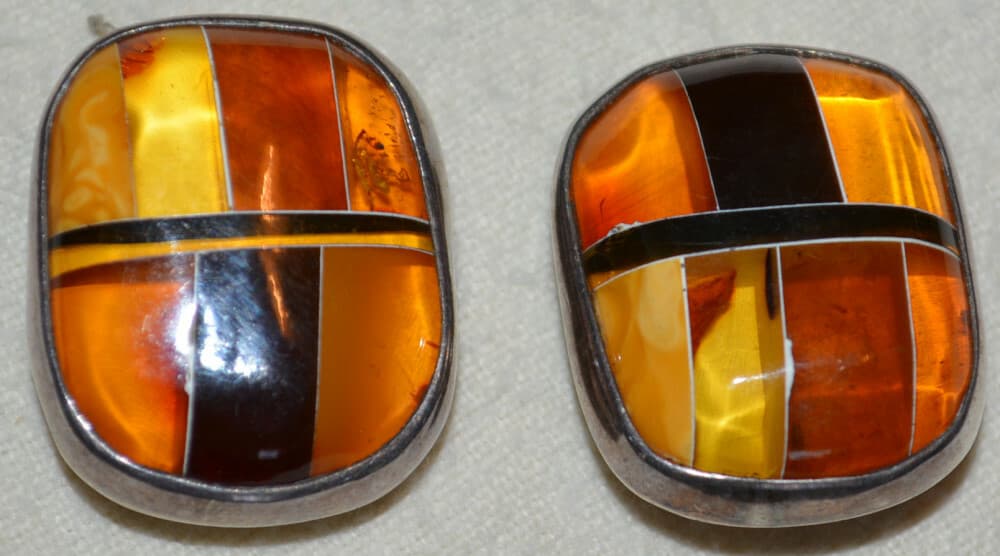 Vintage Sterling Silver MOSAIC INLAID genuine Amber amazing Clip Earrings 925