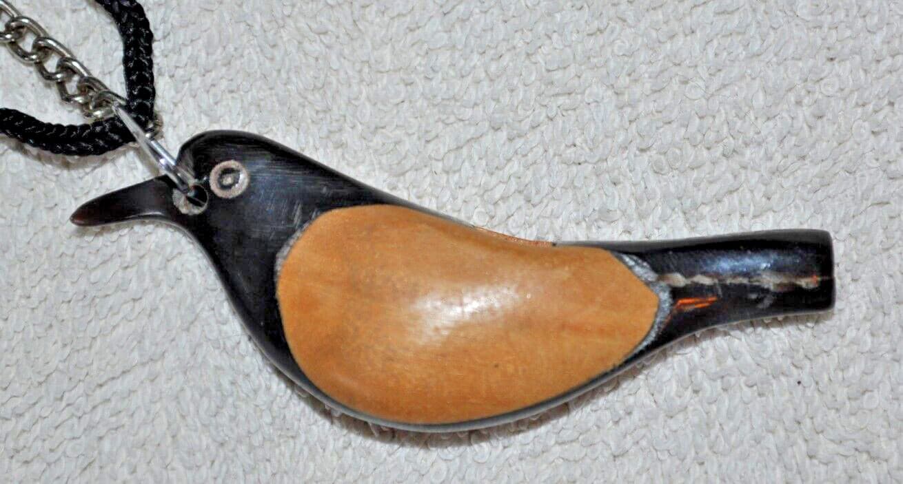 Vintage Carved Black Coral bird shape whistle pendant wood sides estate