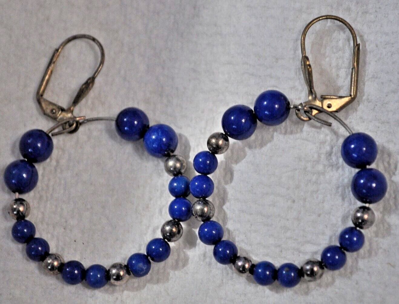 Vintage 925 Sterling Silver Lapis Lazuli Bead Ball Earrings