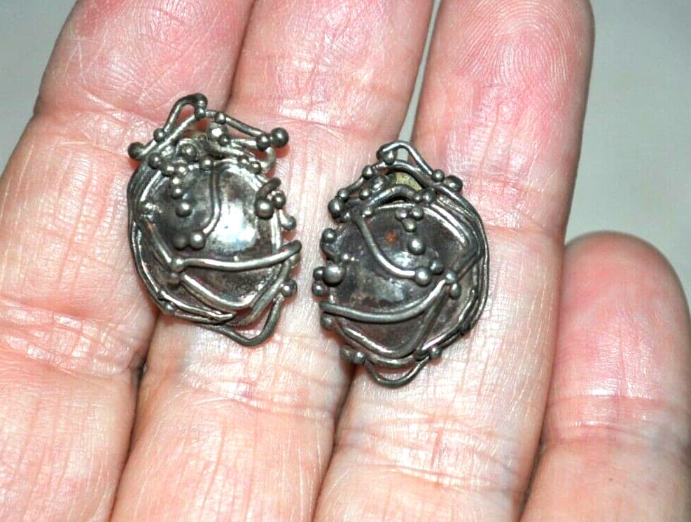 Pair Vintage Estate Mid Century Modern Modernist Sterling Silver Post Earrings