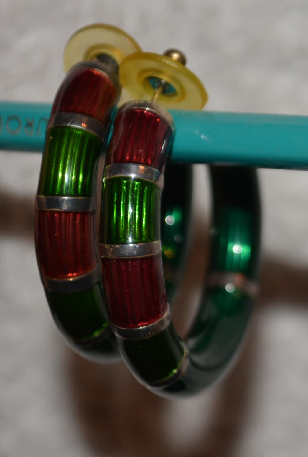 Vintage Hoop Earrings sterling silver Gold & Enamel Green Red live it up