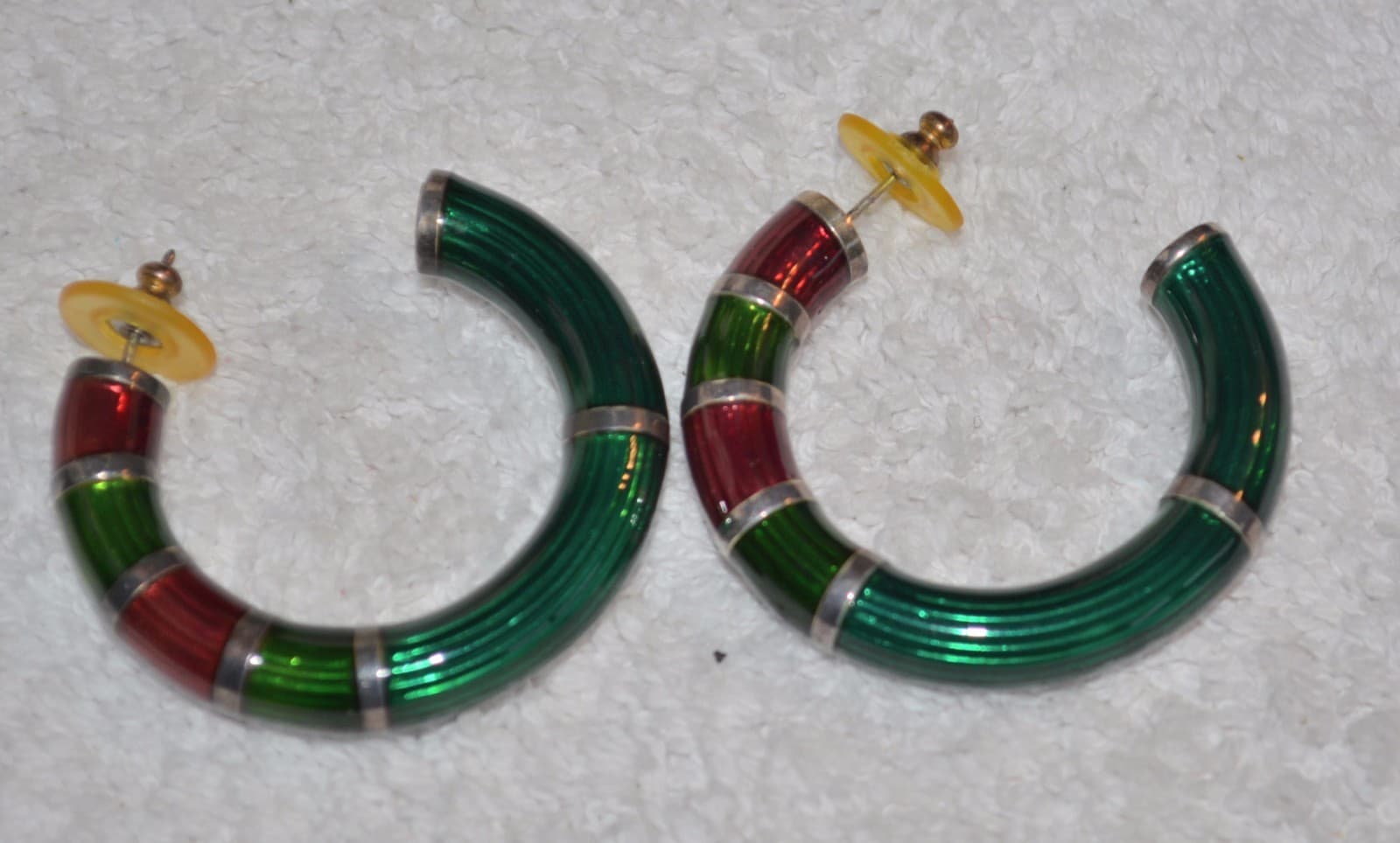 Vintage Hoop Earrings sterling silver Gold & Enamel Green Red live it up