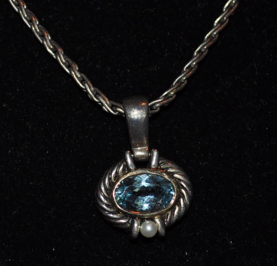 Hw Burdick 14k gold & sterling silver pearl Blue stone pendant