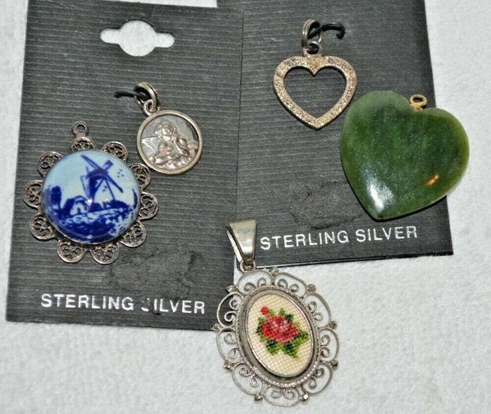 Vintage Jewelry Lot Sterling Silver Jade delft pendant filigree