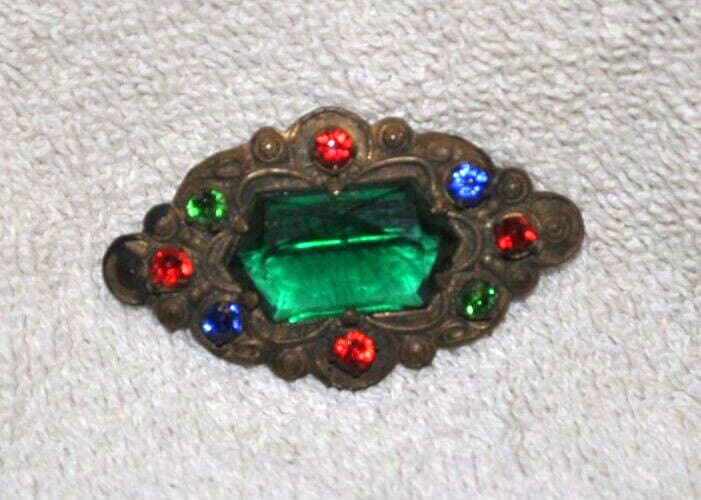 Vintage Art Deco Czech Glass & Rhinestone Multicolor Brooch Pin