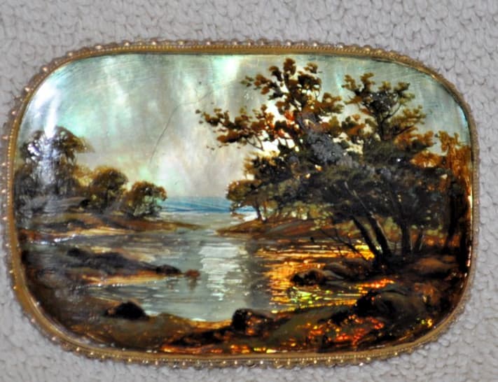 Russian Fedoskino Mother of Pearl Brooch pin Hand Painted Landscape Signed