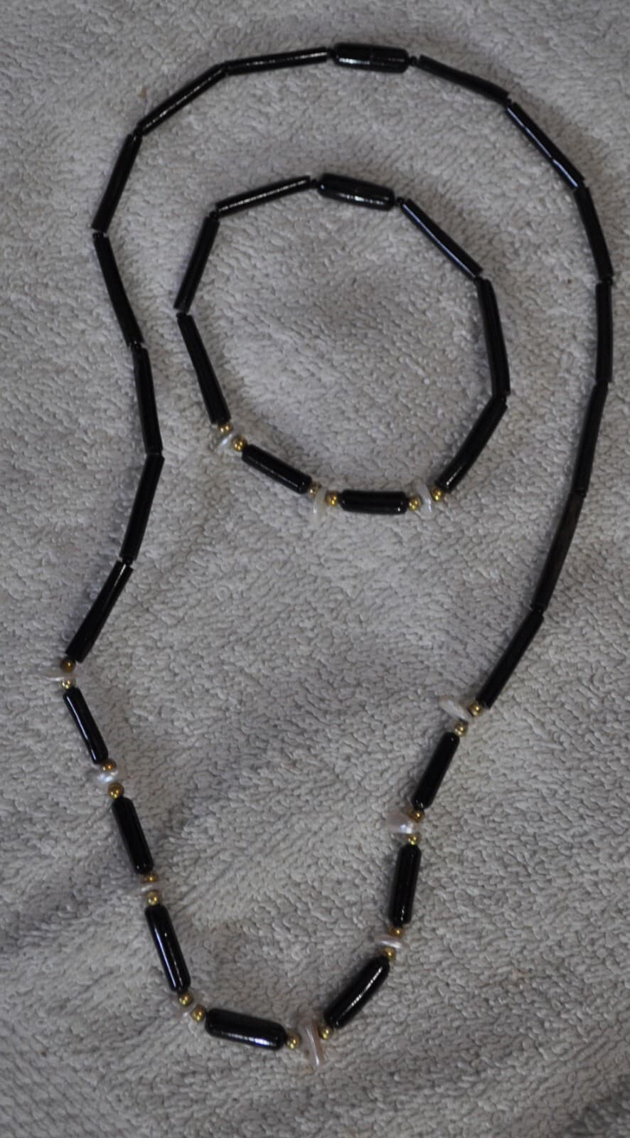 Vintage Genuine Black Coral Necklace Bracelet & earrings SET pearl gold filled