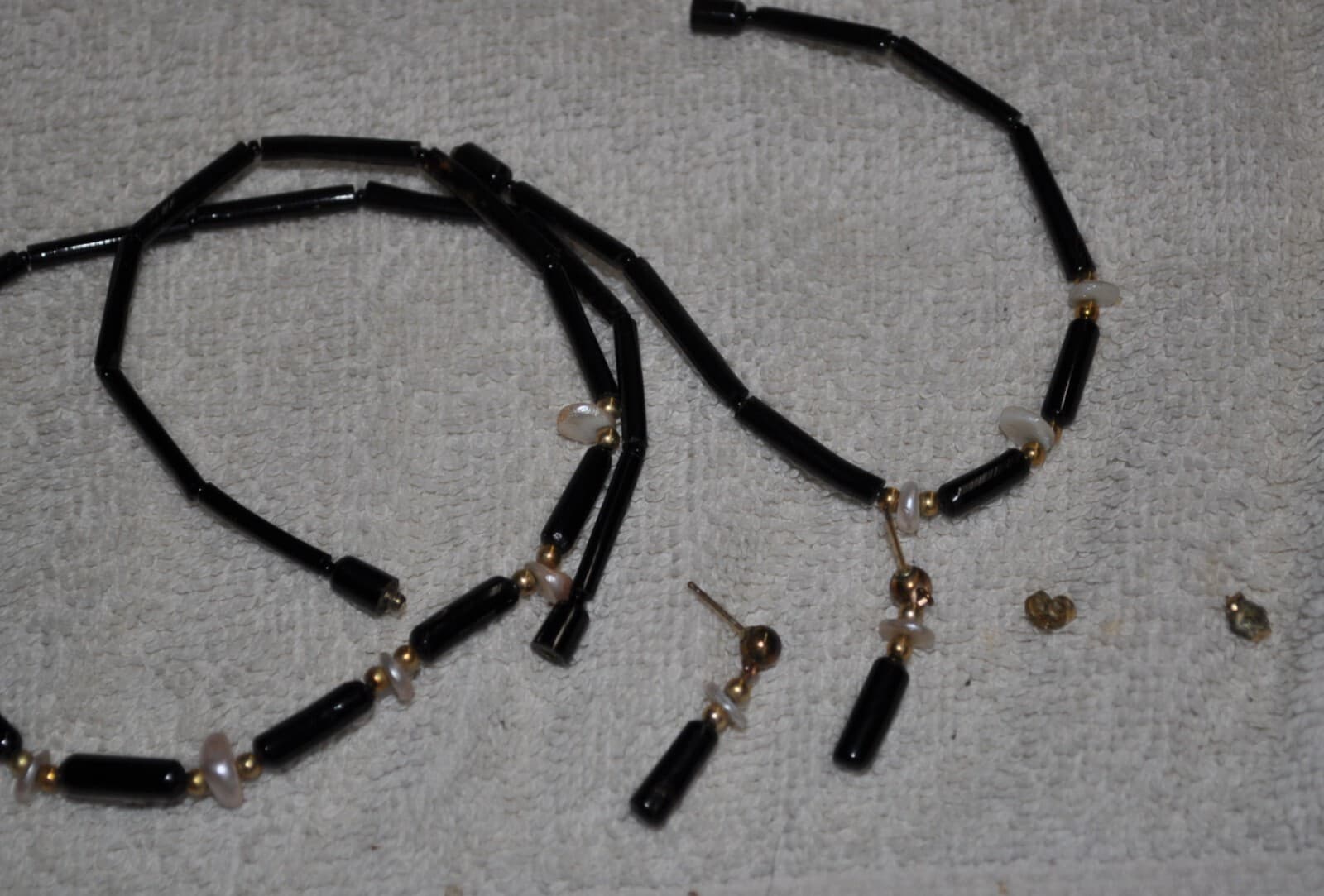 Vintage Genuine Black Coral Necklace Bracelet & earrings SET pearl gold filled