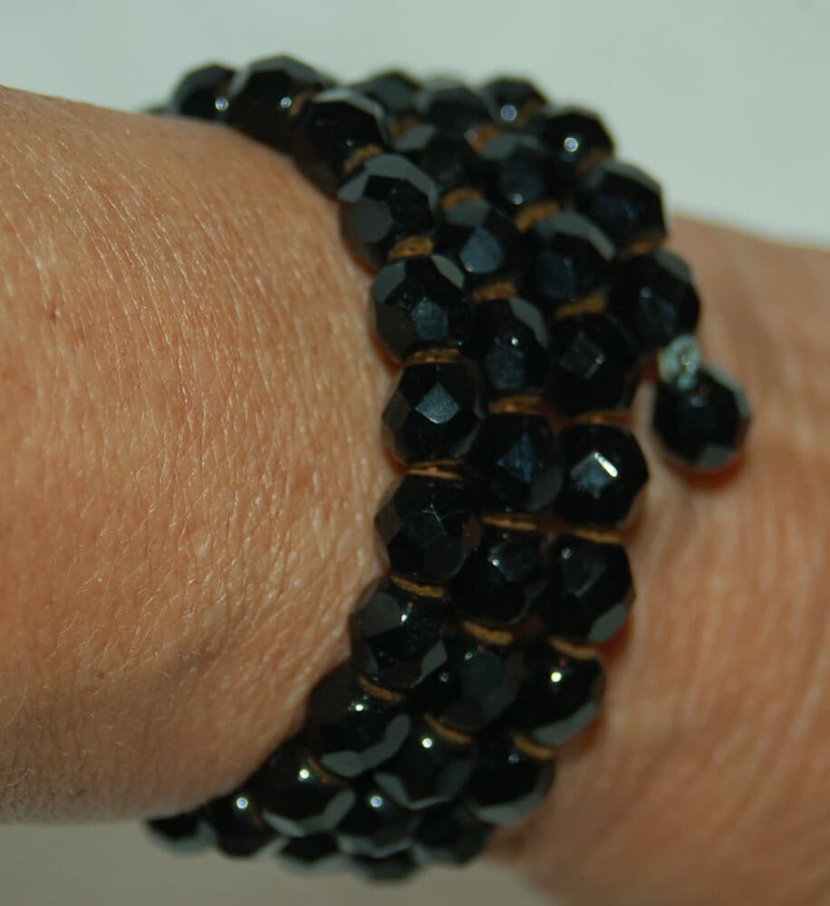 Vintage Faceted Jet Black Glass Coil Wire Wrap Bracelet estate dangle ends