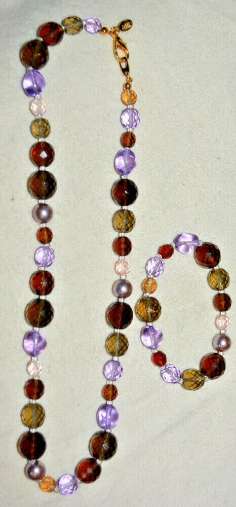 JOAN RIVERS PURPLE AMETHYST CZECH GLASS BEAD NECKLACE bracelet vintage SET