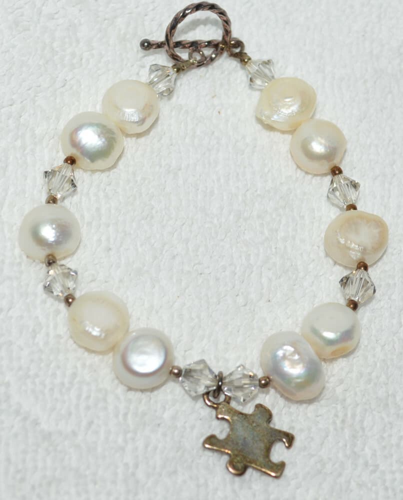 Sterling Silver genuine pearl puzzle Charm Toggle Bracelet