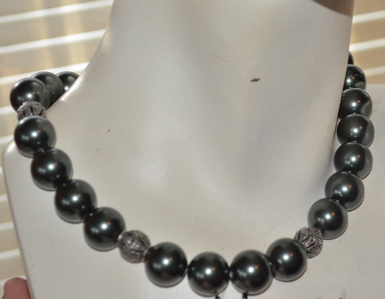 JUMBO faux BLACK PEARLS REAL Sterling Silver 925 DBJ signed Necklace 16"