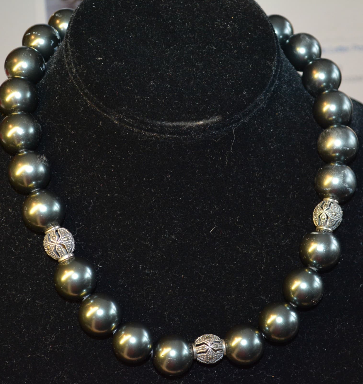 JUMBO faux BLACK PEARLS REAL Sterling Silver 925 DBJ signed Necklace 16"
