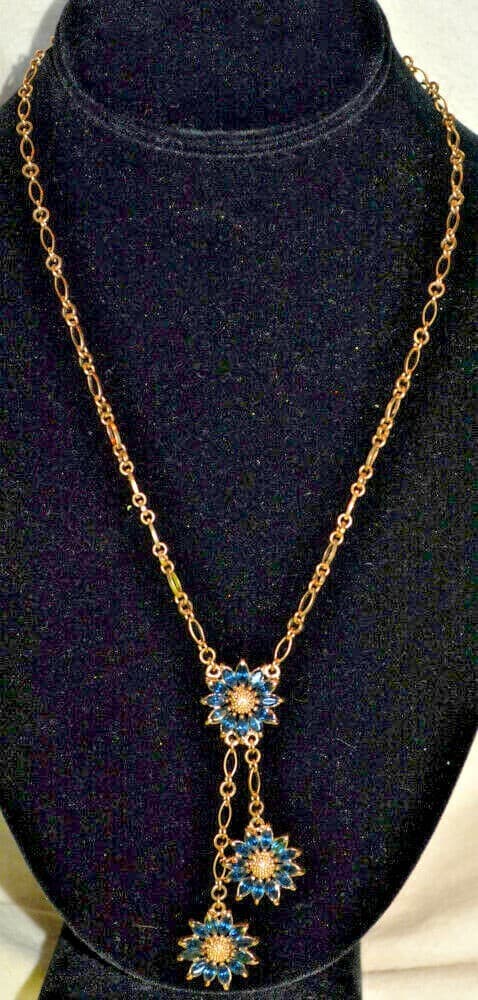 Nolan Miller BLUE Flowerful Necklace Crystals stones floral drops stunning gold