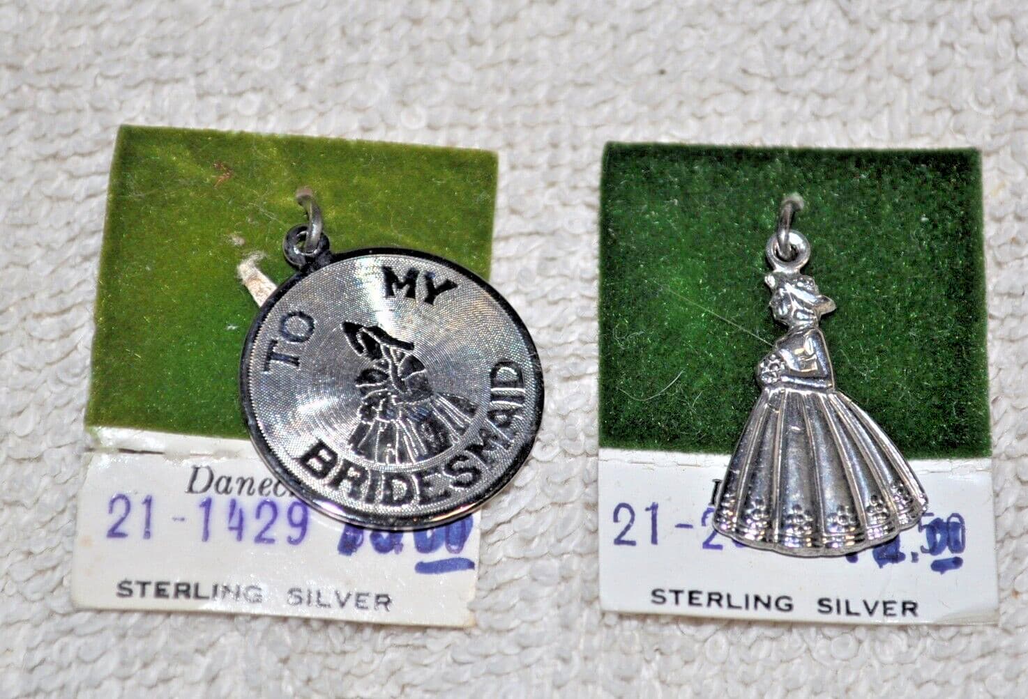 Sterling Silver "To My Bridesmaid" Charm Pendant VINTAGE new old stock LOT of 2