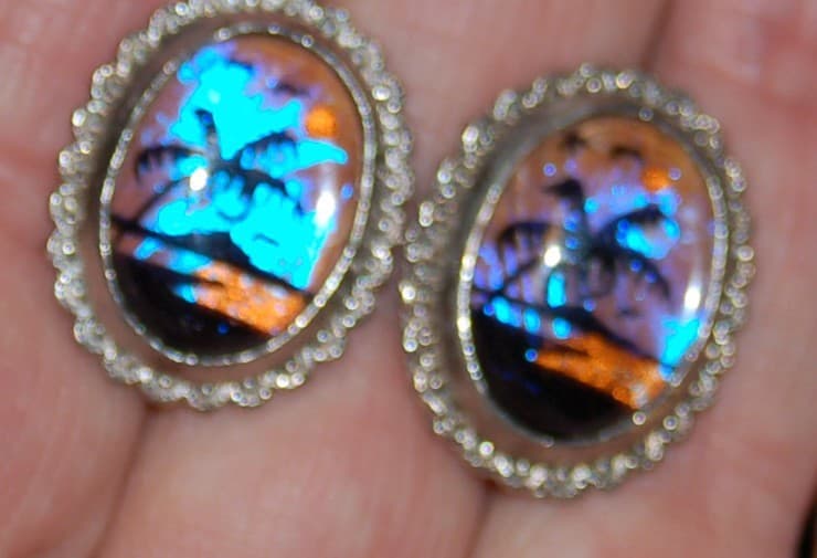 vintage Earrings Butterfly Wings Palm Tree and Full Moon Screw Backs delightful