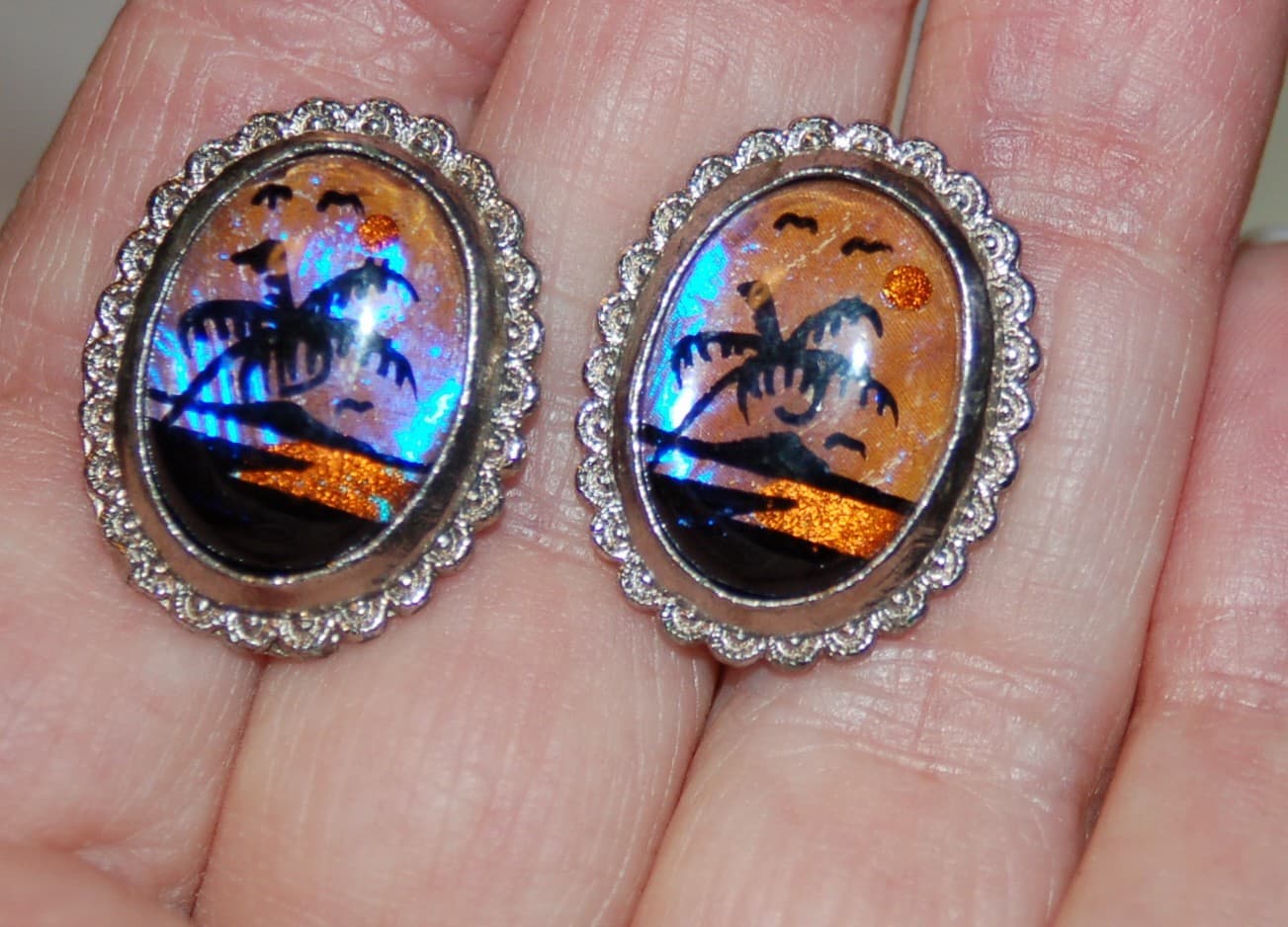 vintage Earrings Butterfly Wings Palm Tree and Full Moon Screw Backs delightful
