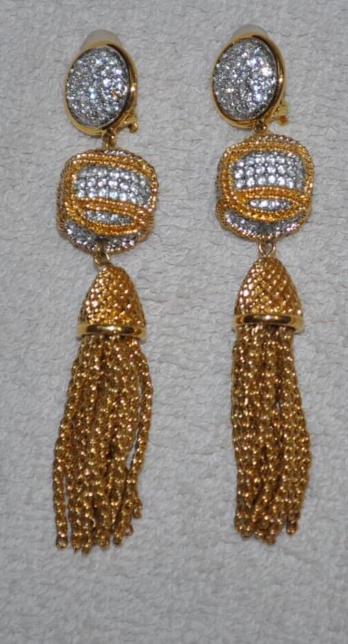 Swarovski Dangle Clip Earrings Crystal Gold Tone Chain Tassels vintage