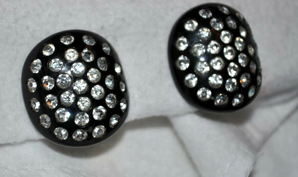 VTG Black Bakelite Crystal Clear Rhinestone Clip On Earrings Weiss signed
