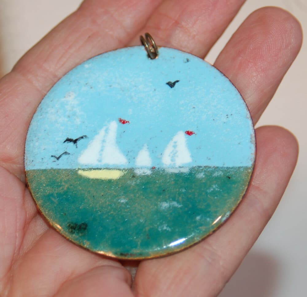 Vintage Beach Ocean sky birds MCM Handmade Enamel on Copper Pendant large disc