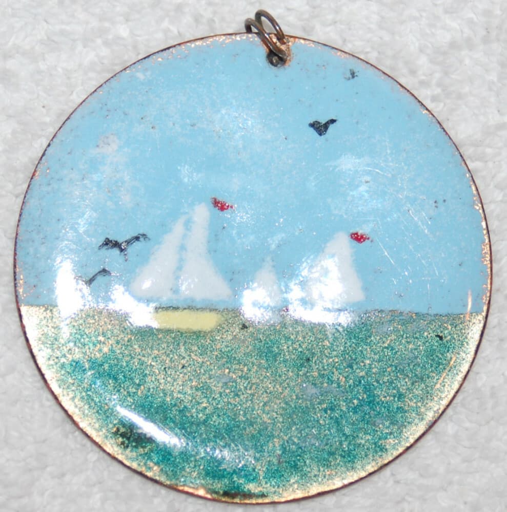 Vintage Beach Ocean sky birds MCM Handmade Enamel on Copper Pendant large disc