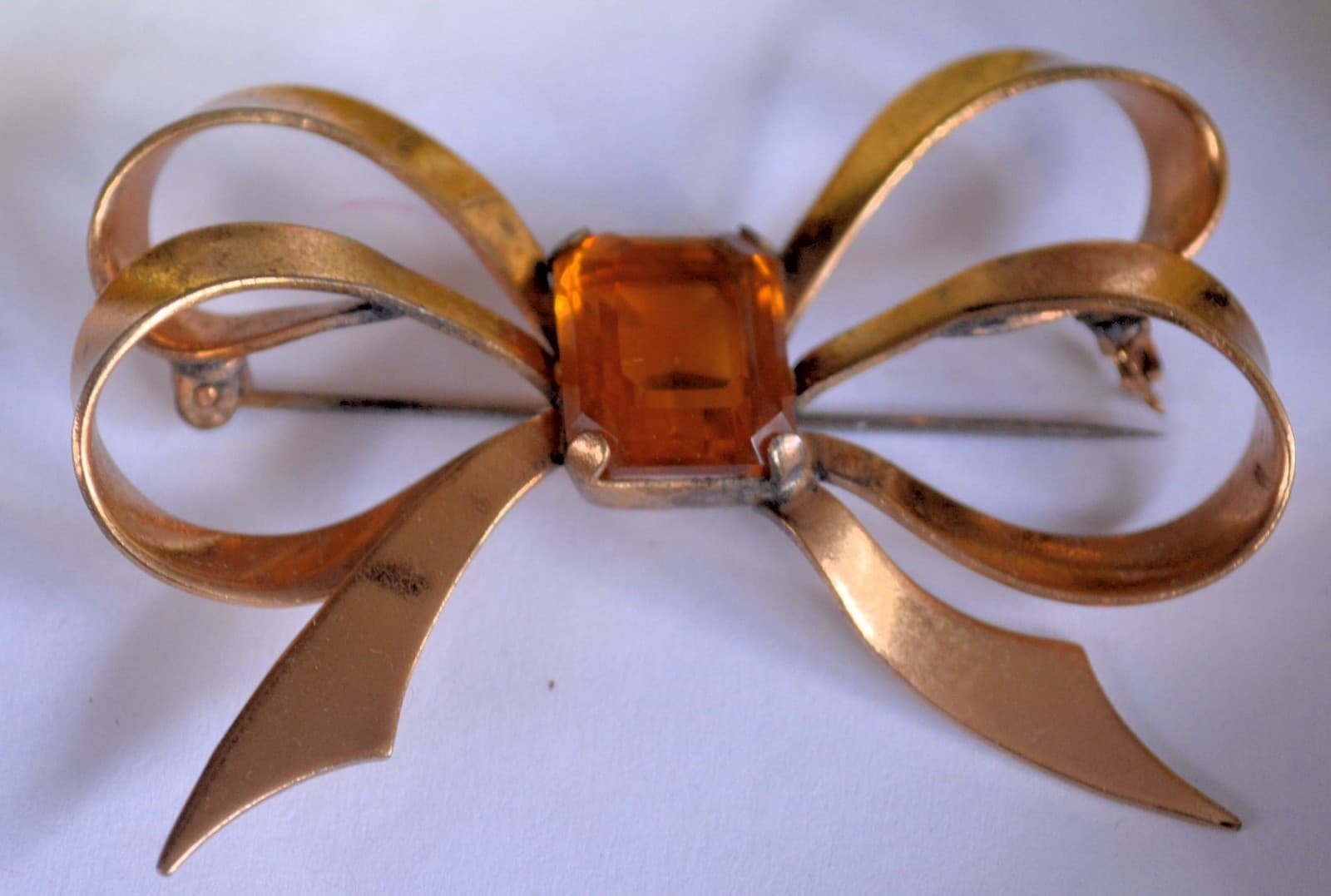 VINTAGE ANTIQUE STERLING citrine color MEXICO BOW PIN GOLD larger 2.5"