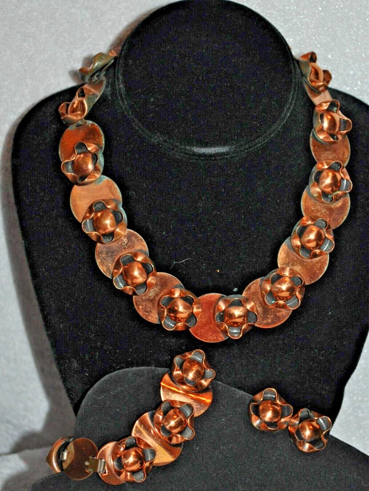 Renoir Copper Necklace Earrings bracelet Vintage Set Signed handmade