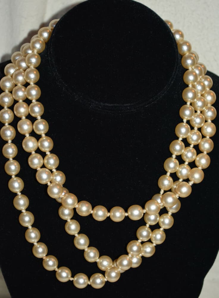 Vintage 1980's KJL Kenneth J Lane Triple Strand Pearls Logo initials MRS CLEAVER